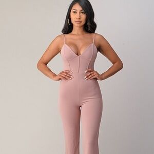Women's Cherry Mellow V-Neck Sleeveless Straight Legged Barbie Pink Jumpsuit